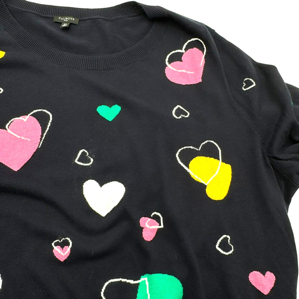 TALBOTS Plus Women's 3X Soft Light Sweater Navy‎ Blue Colorful Hearts Pullover